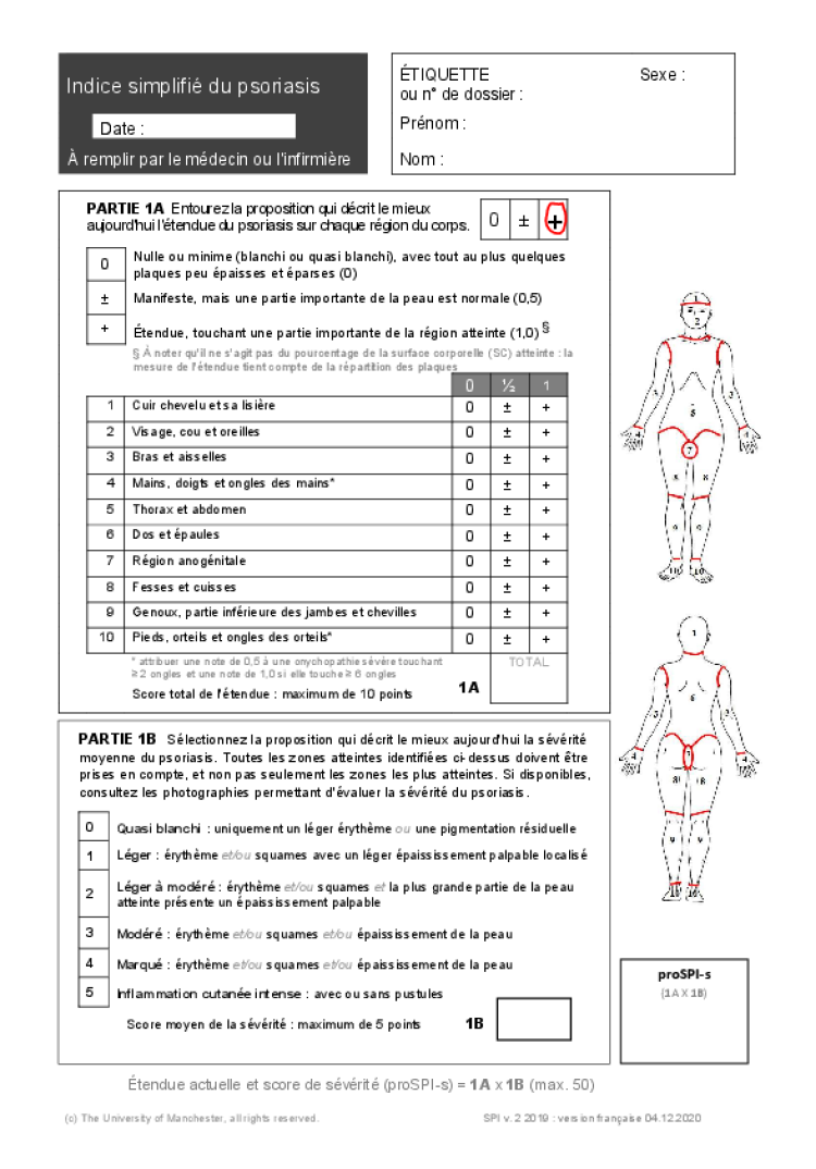 SPI Indice simplifié du psoriasis proSPI v 2 2019 version française