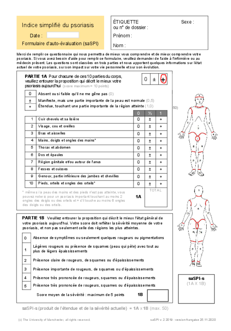 Indice simplifié du psoriasis saspi version française