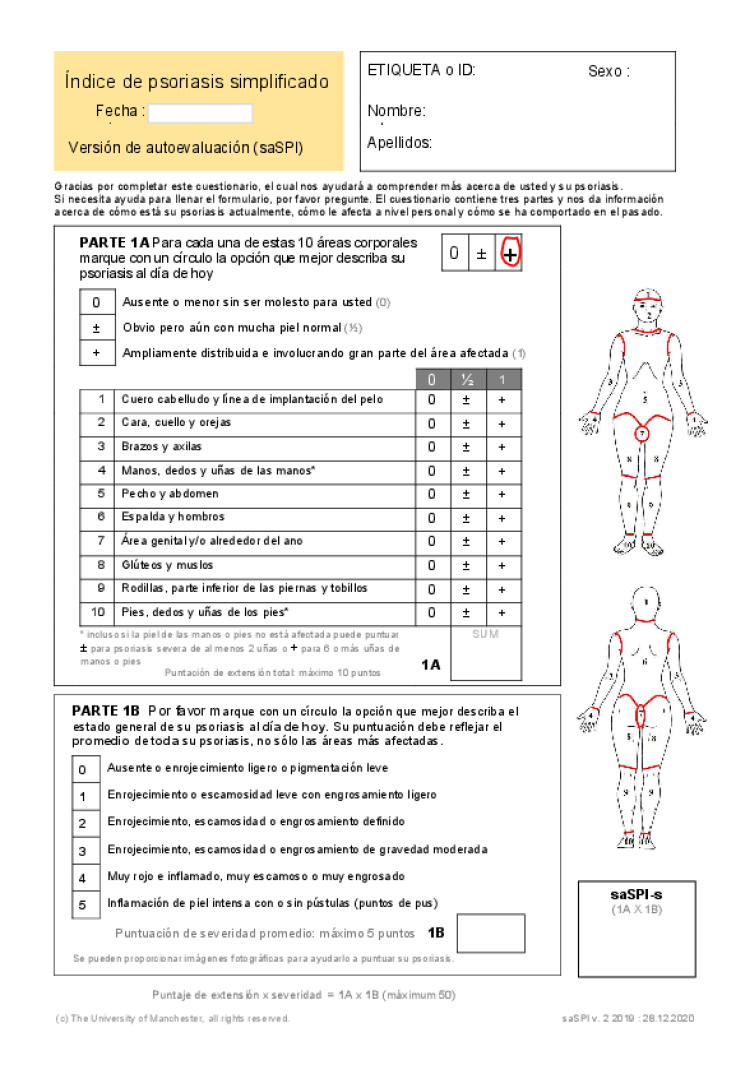 SPI índice de psoriasis simplificado saSPI versión en español